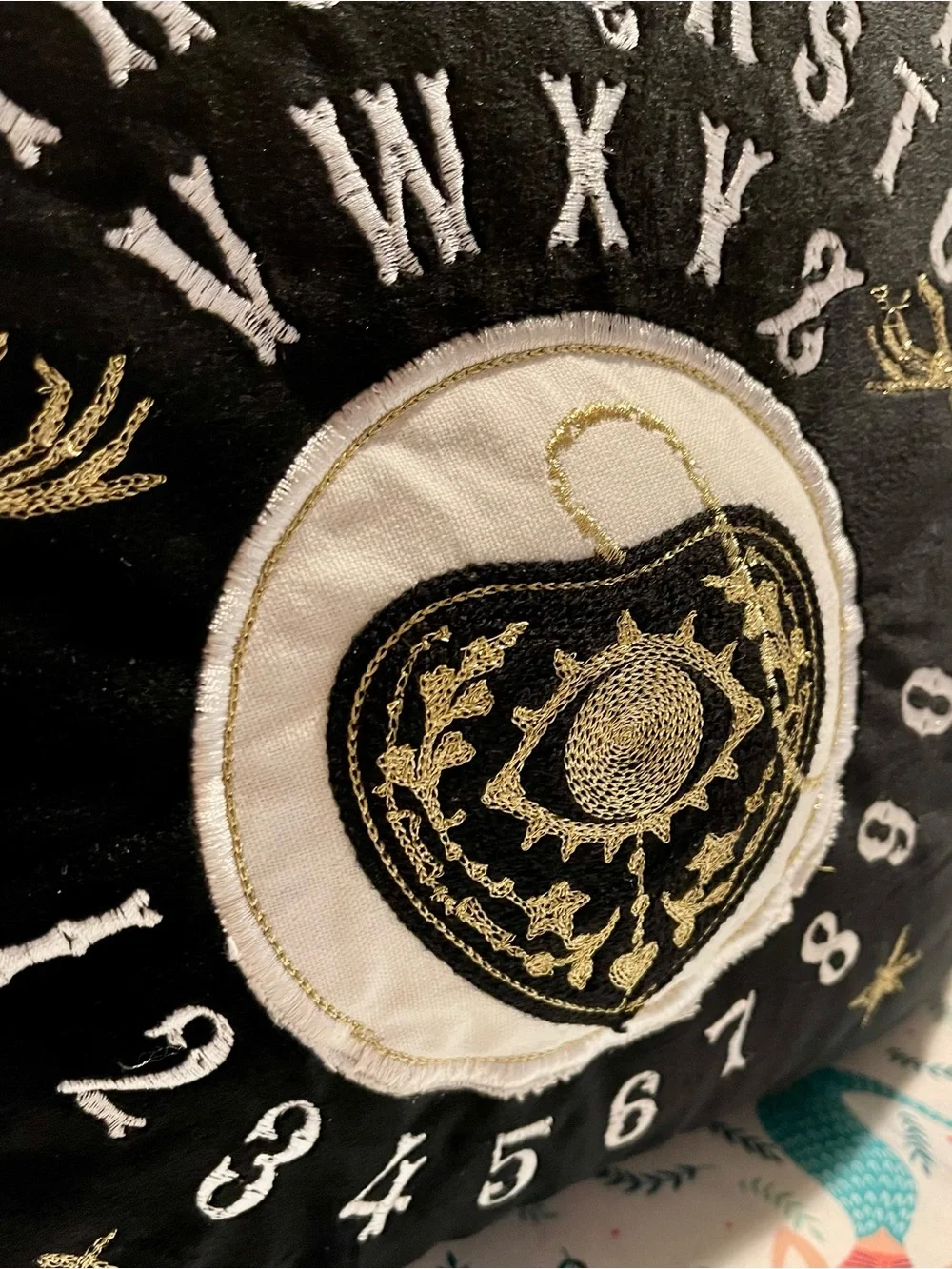 Ouija Planchette Embroidered Velvet Pillow - Black and Gold with Skeletons